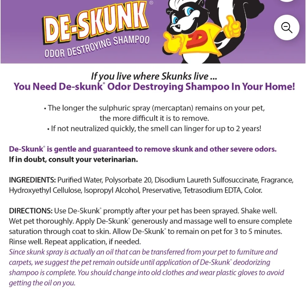 De-Skunk Odor Destroying Shampoo For Pets 32 Fl Oz